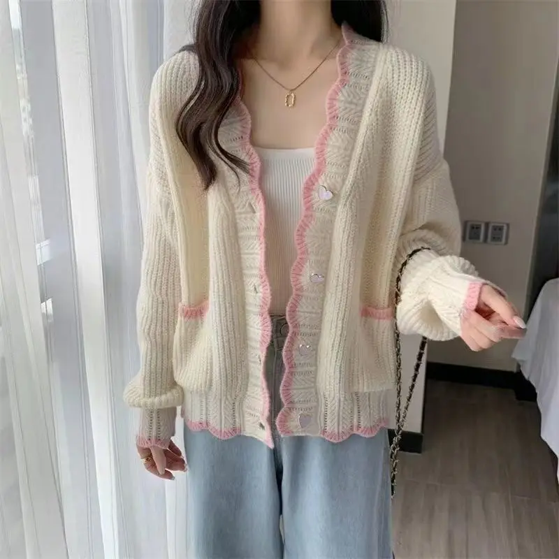 Fashion V-Neck Button Pockets Loose Ruffles Cardigan Sweaters Women's Clothing 2023 Autumn Winter Oversized Knitted Sweet Tops