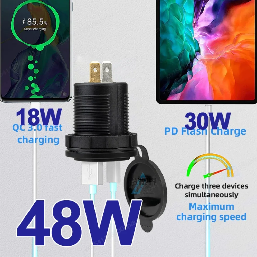 48W USB Car Charger Socket PD Type-C & QC3.0 Charger Port 12V USB Socket with Voltmeter for Car RV Boat Marine Truck Motorcycle