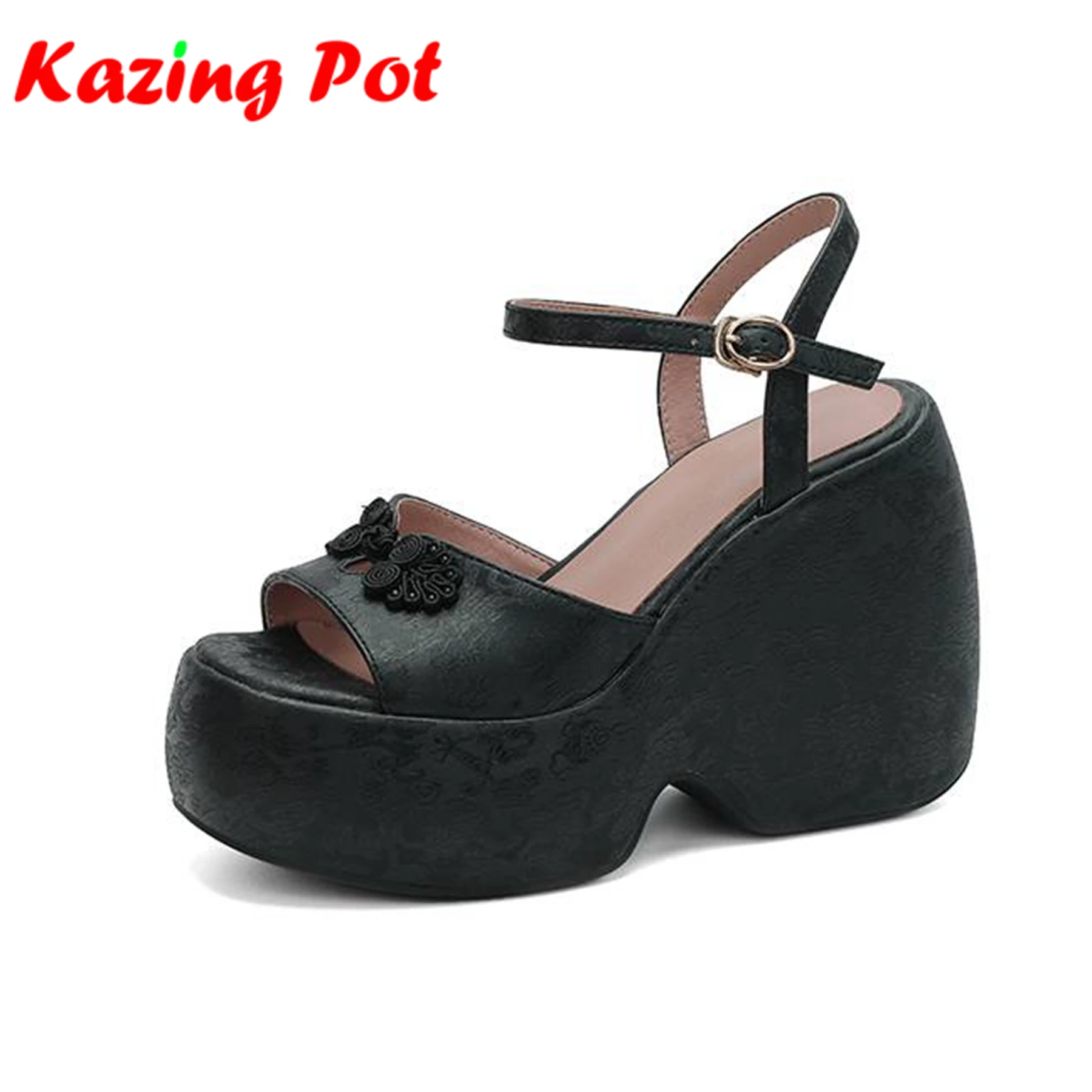 

Krazing Pot Pu Peep Toe High Heels Elegant Oriental Design Summer Shoes Wedges Platform Waterproof Modern Fashion Women Sandals