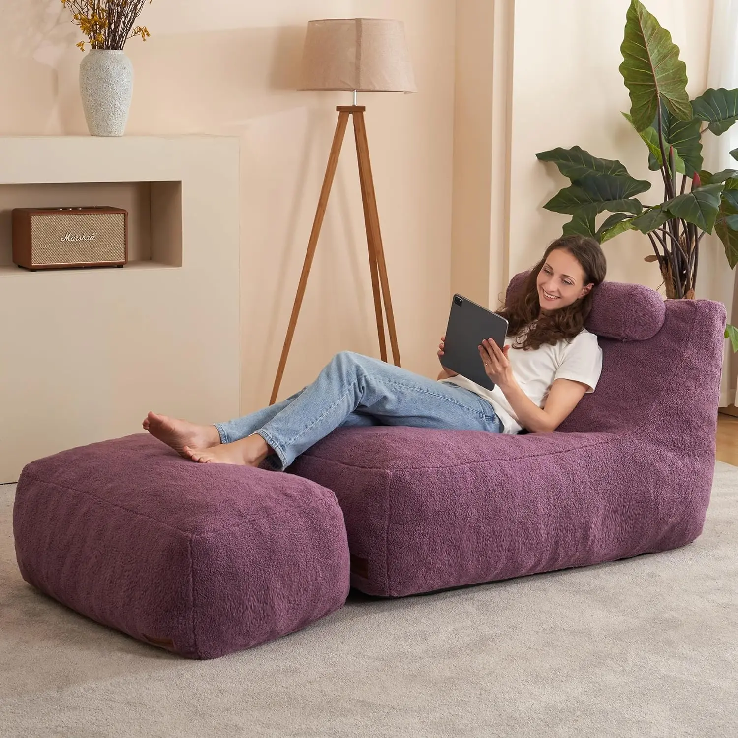 Bean Bag Chair Large Indoor Beanbag Sofa Lazy Beanbag with Neck Roll&Ottoman Cozy Floor Sofa with Washable Cover&Side Pocket for