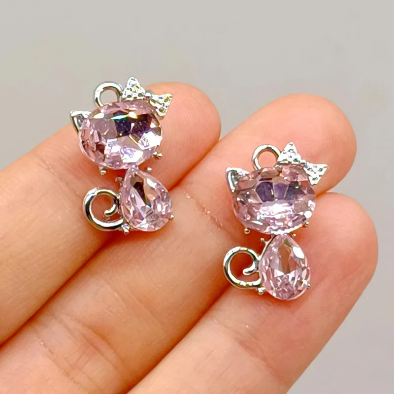 50pcs/lot Fashion cat With rhinestone pendant Earrings Drop bling animal charm Ear Studs connecter tag Jewelry DIY