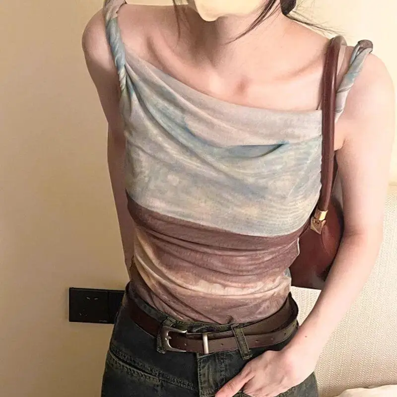 Women's Camisole Base Layer Strapless Top Mesh Women Summer Tie Dye Abstract Irregular Korean Short Off Shoulder Sweet Spicy