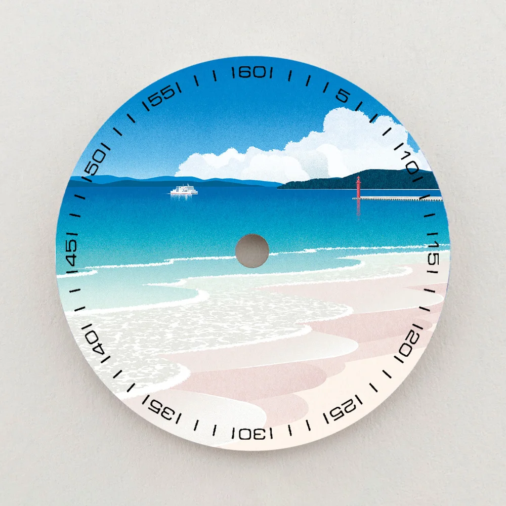 28.5mm NH35 Dial Beach Ocean Scenery Pattern Dial Green Luminous Dial Color NH36 Dial Watch Accessories Fits NH35/NH36 Movement