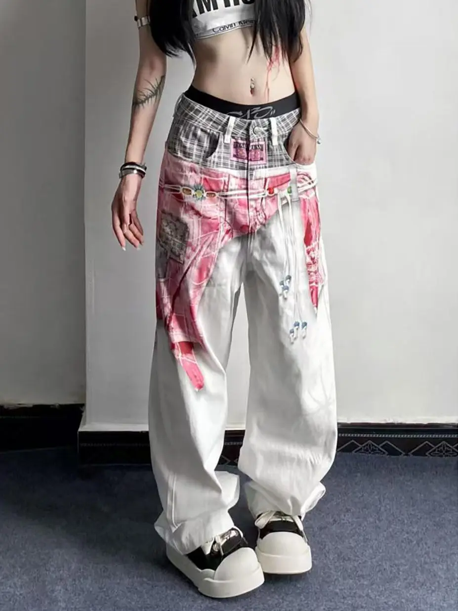 Calças de brim de impressão branca feminina carga baggy y2k japonês harajuku high street estética 2000s estilo calças jeans roupas