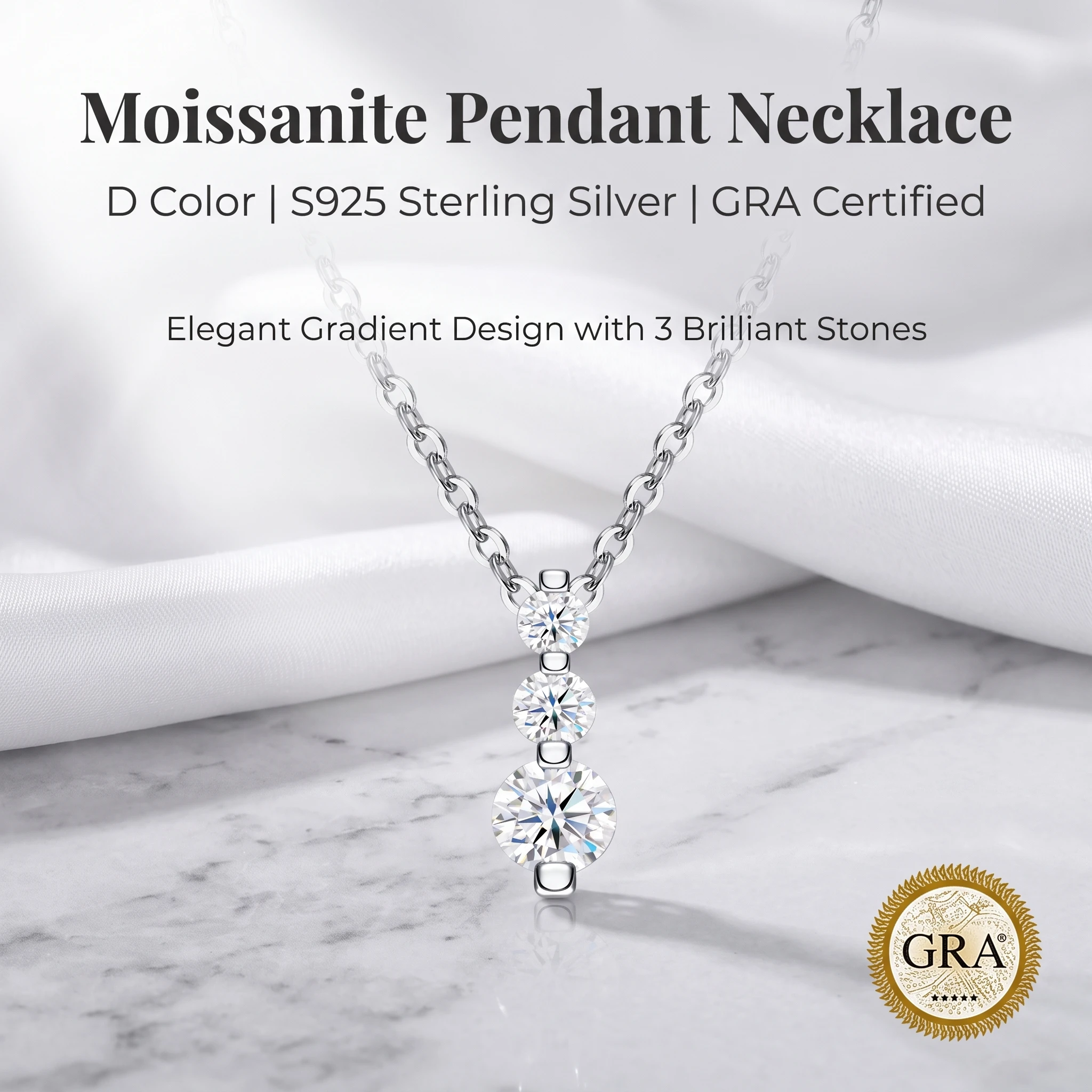 D‑Color Moissanite Pendant Necklace, S925 Sterling Silver 3 Round Graduated Stones, GRA Certified Elegant Jewelry for Her
