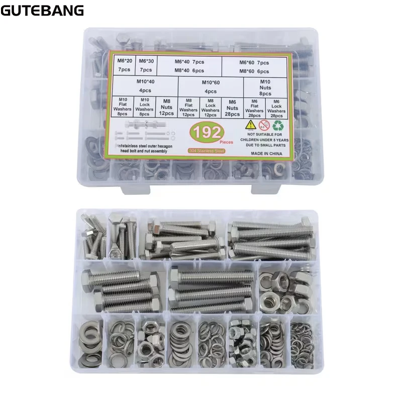 192-piece heavy-duty bolt and nut set, including M6, M8, and M10 hex bolts with matching nuts and washers, suitable for garages,