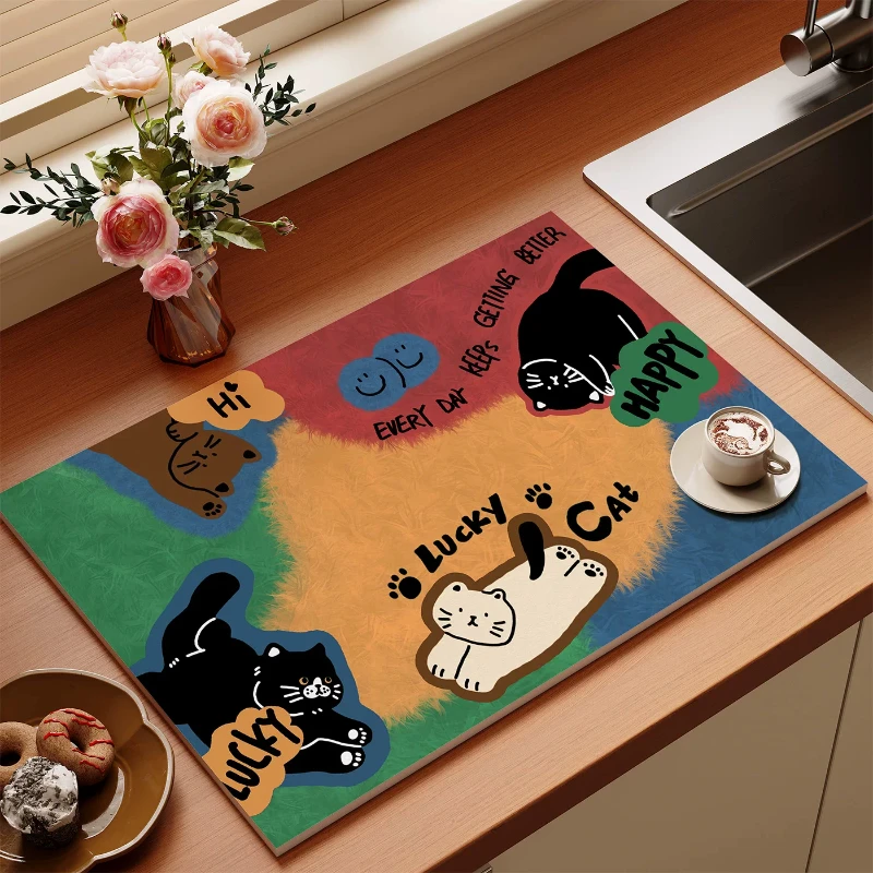 VIKAMA Cute Dog Hello Kitchen Mat for Sink Counter Drainage Drying Pad Table Placemat Washable Aesthetic Home Decor