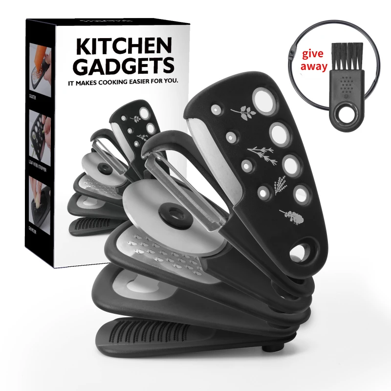 

Kitchen Unique Gadgets Set 6 Pieces, Cheese Grater, Bottle Opener,Peeler, Pizza Cutter, Garlic Ginger Grinder, Herb Stripper Set