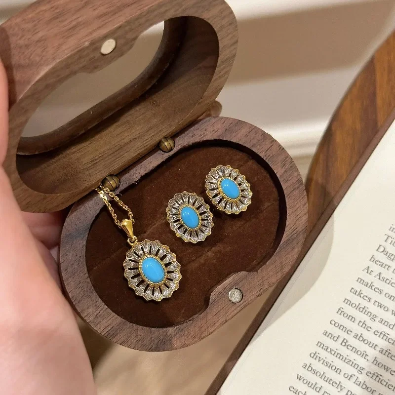 أقراط الفيروز الكلاسيكية للنساء قلادة قصر نمط أنيق الرجعية الخفيفة الفاخرة القطع الناقص الزهور مجموعات المجوهرات #1