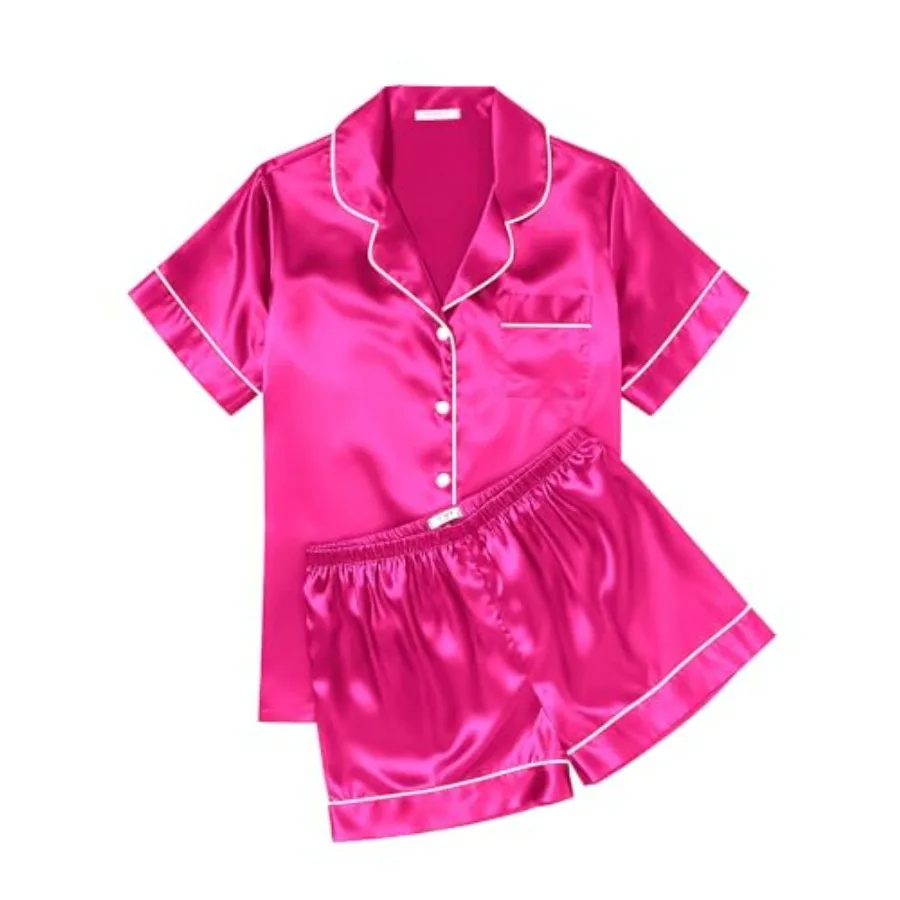 

Ekouaer Womens Silk Satin Pajama Sets Soft Short Sleeve Button Down Sleepwear Top and Shorts 2 Pcs Pjs Lounge Set