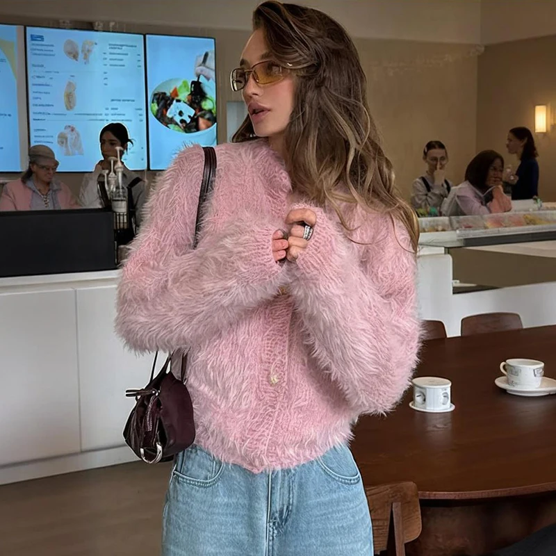 

Tornova Faux Mink Knitted Sweater Cardigan For Women 2025 Autumn Winter New Warm Sweater Coat Long Sleeve O neck Knit Top Lady