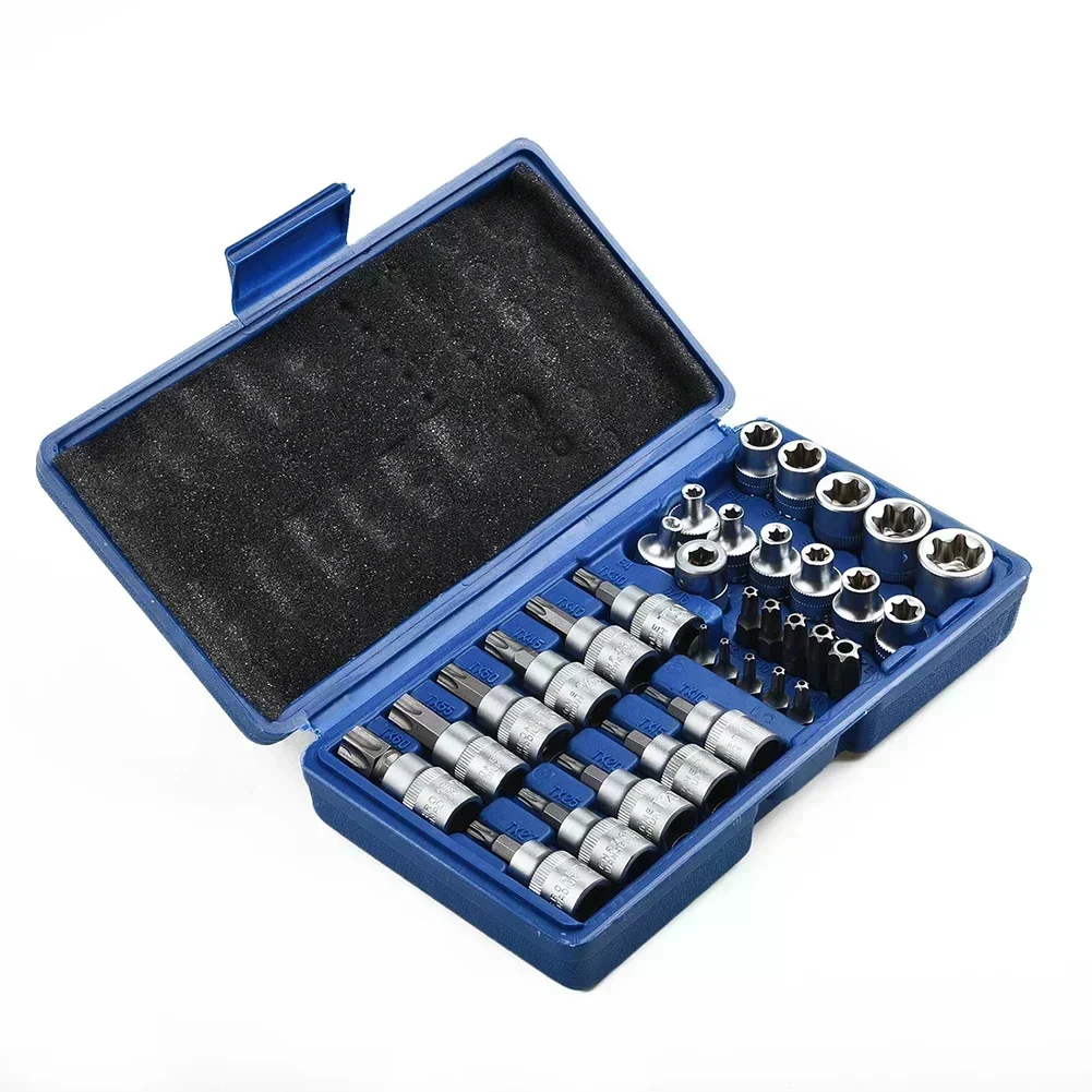 

34Pcs Torx Star Sockets & Bit Set Male/ Female E-Security Bits Drive Tool Torque Multifunction Household Repair Tools Kit