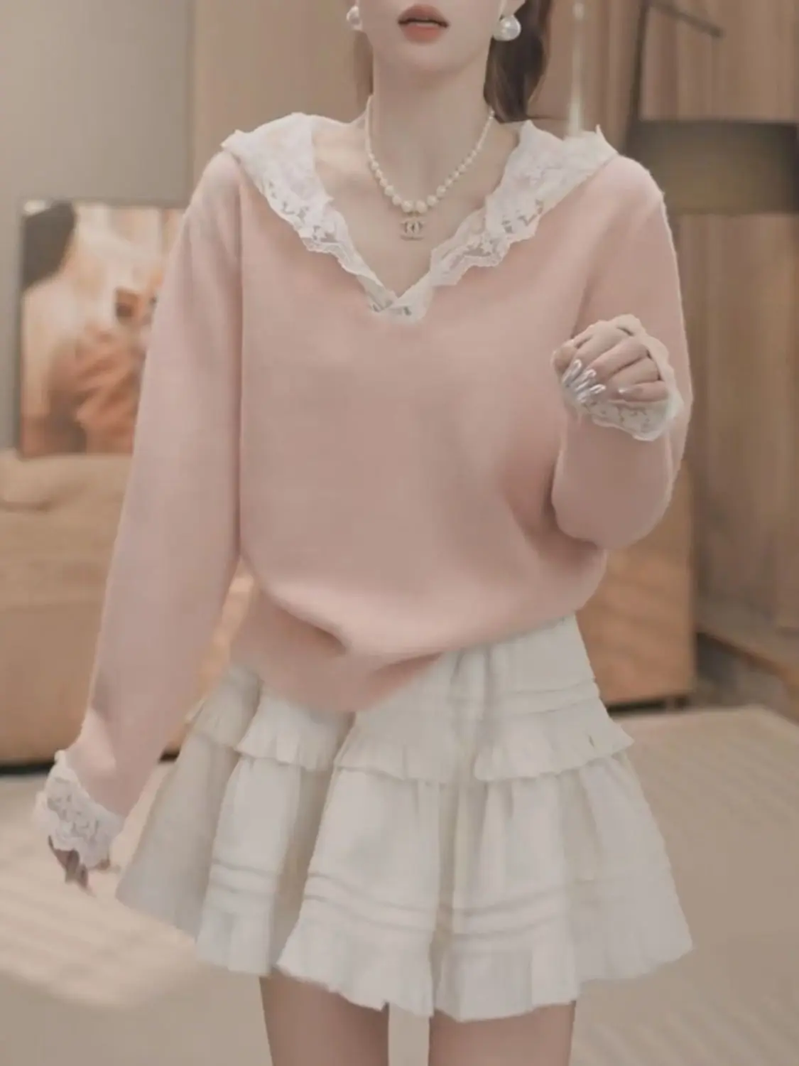 

Loose Women's Hat Lace Knitted Sweater Base Layer Dopane Sle Autumn Faion Sense Heavy Industry Patchwork Design