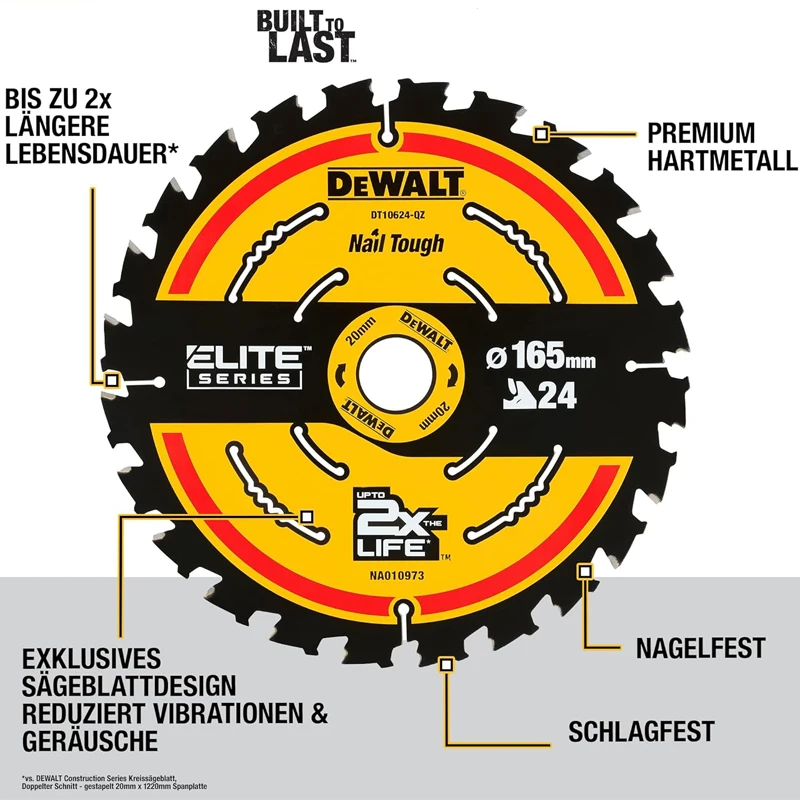 DEWALT DT10624 165 x 20 mm 24 T Hoja de sierra circular de construcción Grado C3 Metal duro Accesorios de herramientas eléctricas de corte rápido