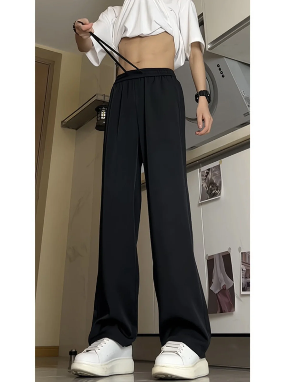 

American Sle Ice Silk Men's Pants High Waist Straight Leg Bla Summer Casual Trousers for Taller Men Breathable Loose Fit
