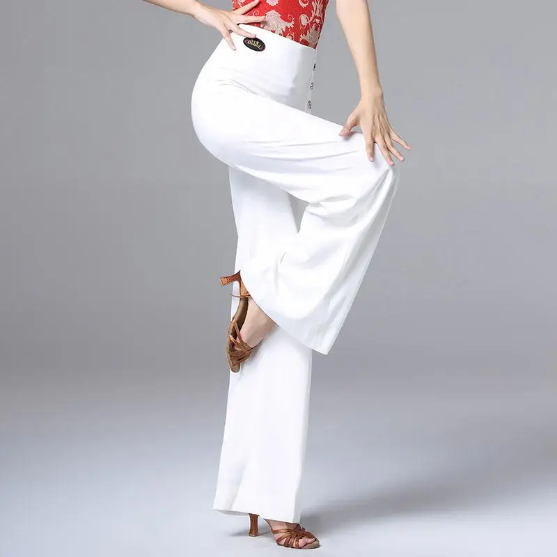 

X176 Female White Modern Dance Pants High Waist Social Dance Trouser Wide Leg Dance Pant Cha Cha Samba Tap Dance Clothes