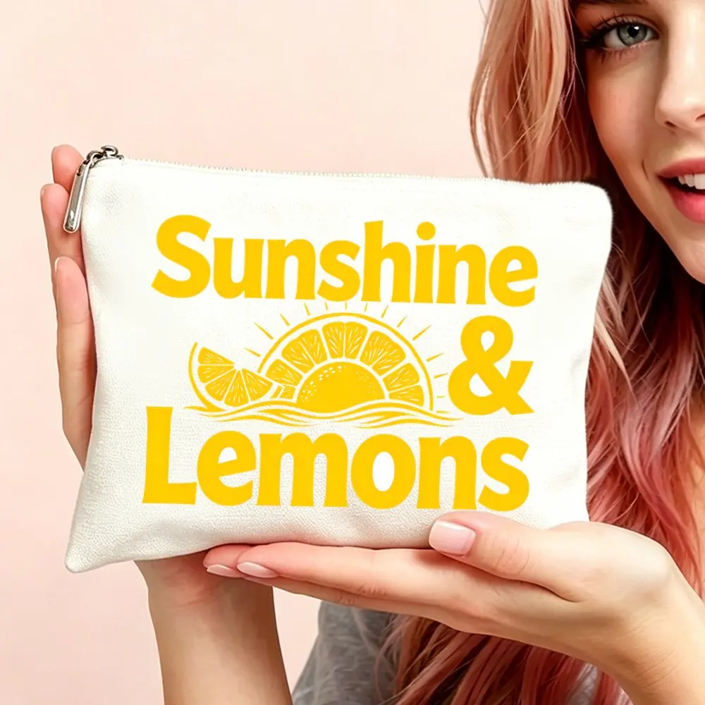 Women Sunshine Lemons Print Makeup Bag Zipper Closure Cosmetic Toiletry Pouch Compact Travel Mom Daughters Birthdays Gift