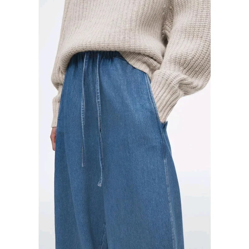 CS Spring New Casual Version Dstring Waist Denim Jeans Blue Wide Leg Pants Adult Wear Resistant Loose Fit Long Trousers