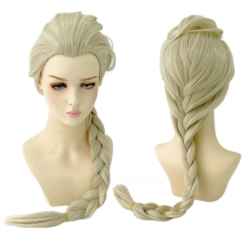 Rambut sintetis anak perempuan, Wig Cosplay Anime pesta Halloween, rambut sintetis tahan panas, kepang pirang panjang, putri Elsa, anak-anak