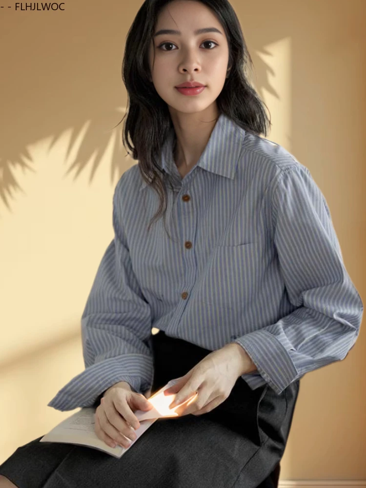 

Хлопковые топы, блузки, новые милые японские рубашки для девочек, осень 2024, базовые рубашки с длинными рукавами в стиле ретро, винтажные полосатые рубашки