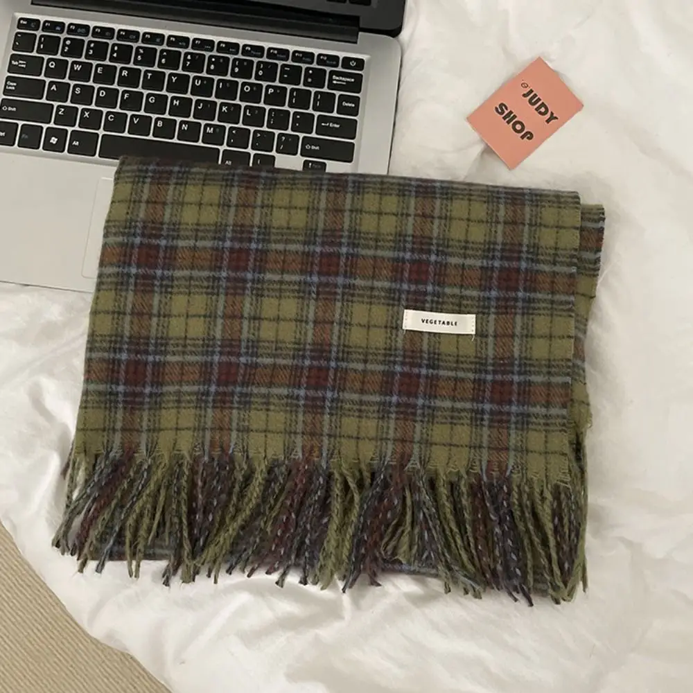 Klassieke kwastje geruite wollen sjaal Retro groene pluche lange sjaal Kasjmier sjaal Koreaanse stijl sjaals Winter kasjmier sjaals Student