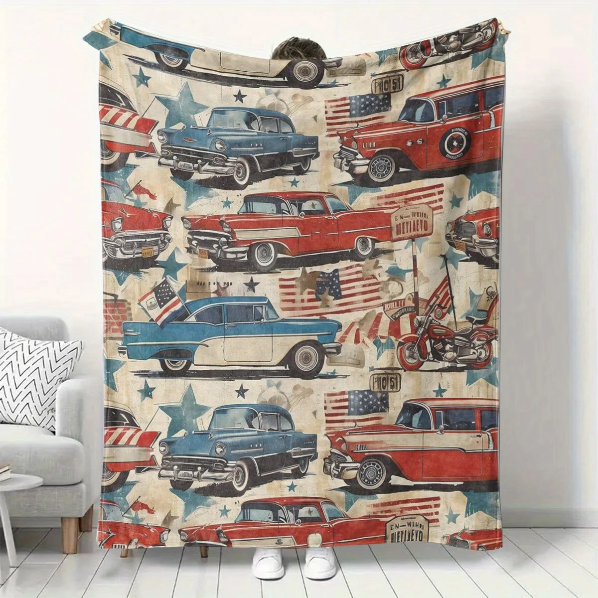 Vintage American Throw Blanket - 50X60 Inches (Approximately 127.7 X 152.4 Cm), Featuring Retro Cars And Motorcycles for Home De