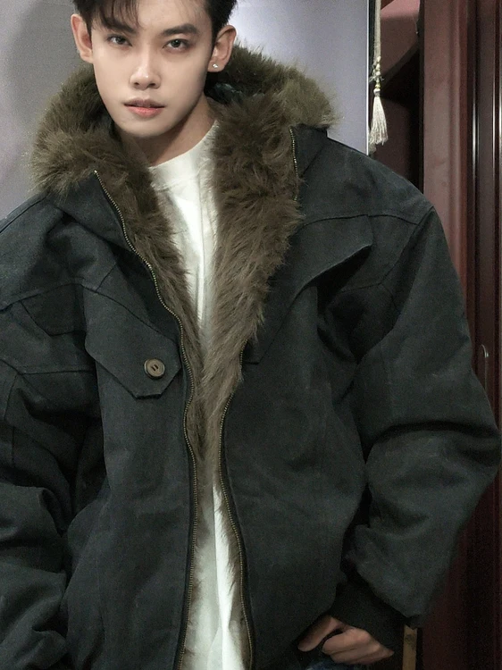 American Large Size 300 Pounds Hooded Short Cotton Jacket Men's Thickened Fleece Autumn Winter Coat Outerwear Casual Warmth