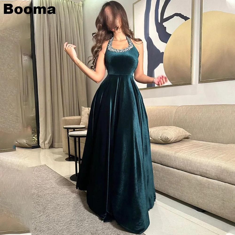 

Booma Peacock Blue Velvet A-Line Evening Dresses Halter Crystal Prom Dress Sleeveless Wedding Guest Gowns Formal Party Dress