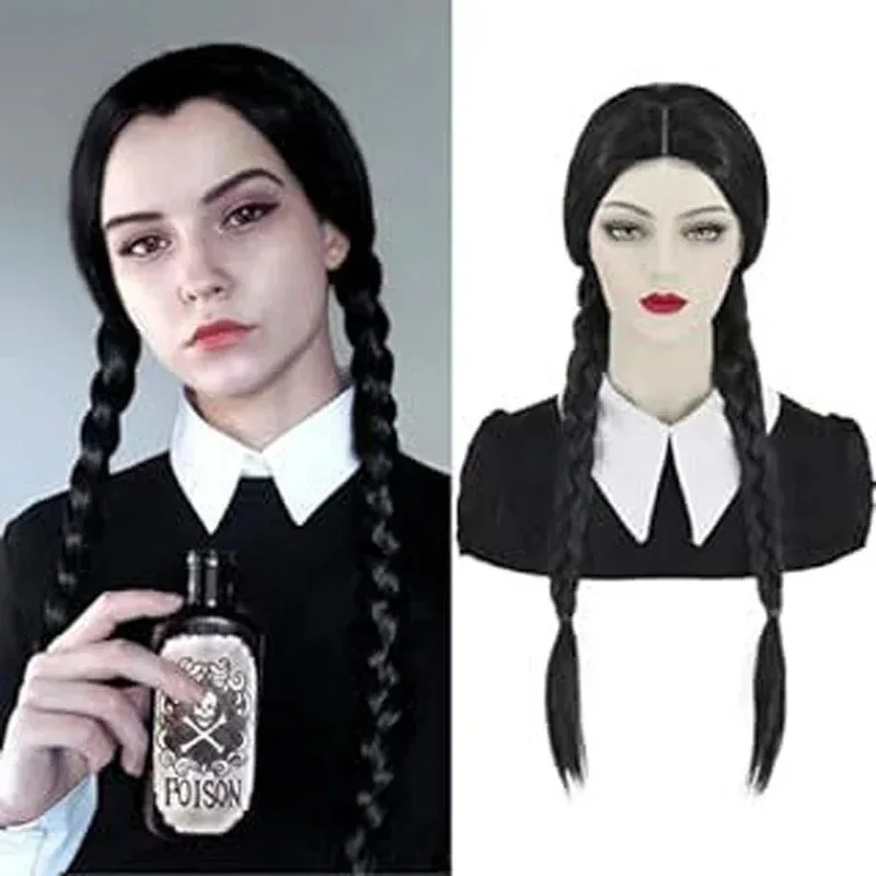 

Wednesday Addams Cosplay Wig Halloween Sea Black Double Braids Synthetic Wig Headwear Cosplay Adams Family Heat Resistant Fiber