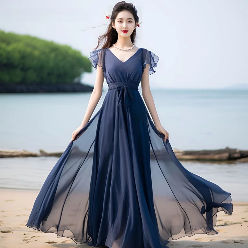 

Navy Blue Formal Occasion Long over the Knee Large Swing High-End Exquisite Chiffon Dress Holiday Skirt Summer New