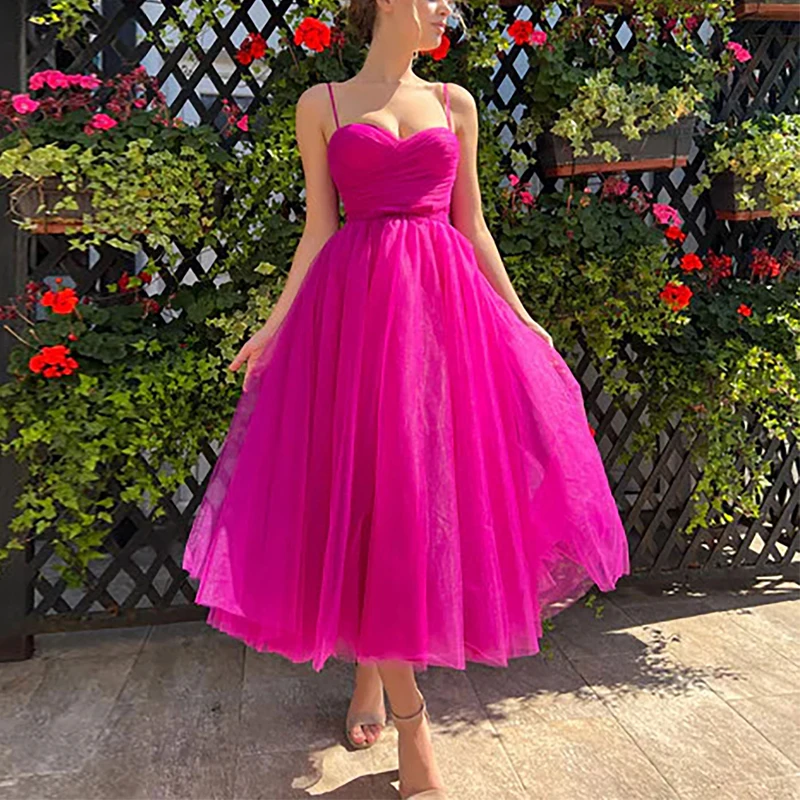 

2024 Fairy Tea Length Sweetheart Spaghetti Straps Fuchsia Tulle Prom Dresses Fresh New Hot Ball Gown Homecoming Dress Evening