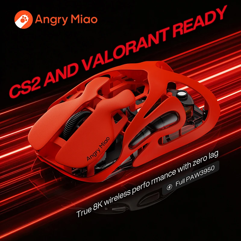 Angry Miao Infinity Gaming Wireless Mouse Hot-Swappable Metal Ultralight Hollow PAW3950 Dual 8K Wired Tri-Mode Orange