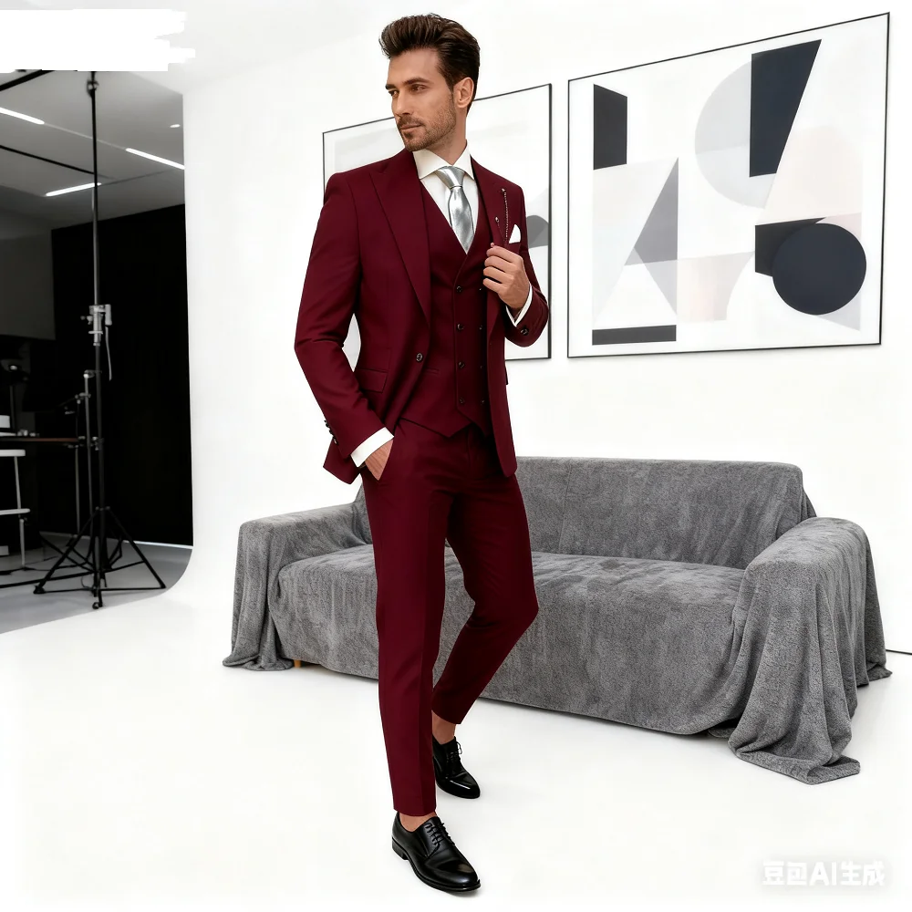 Lindo الأرجواني الرجال سهرة فريدة من نوعها واحدة الصدر التلبيب متكرر غرامة المجهزة خطة طول منتظم 3 قطعة سترة السراويل سترة مجموعة