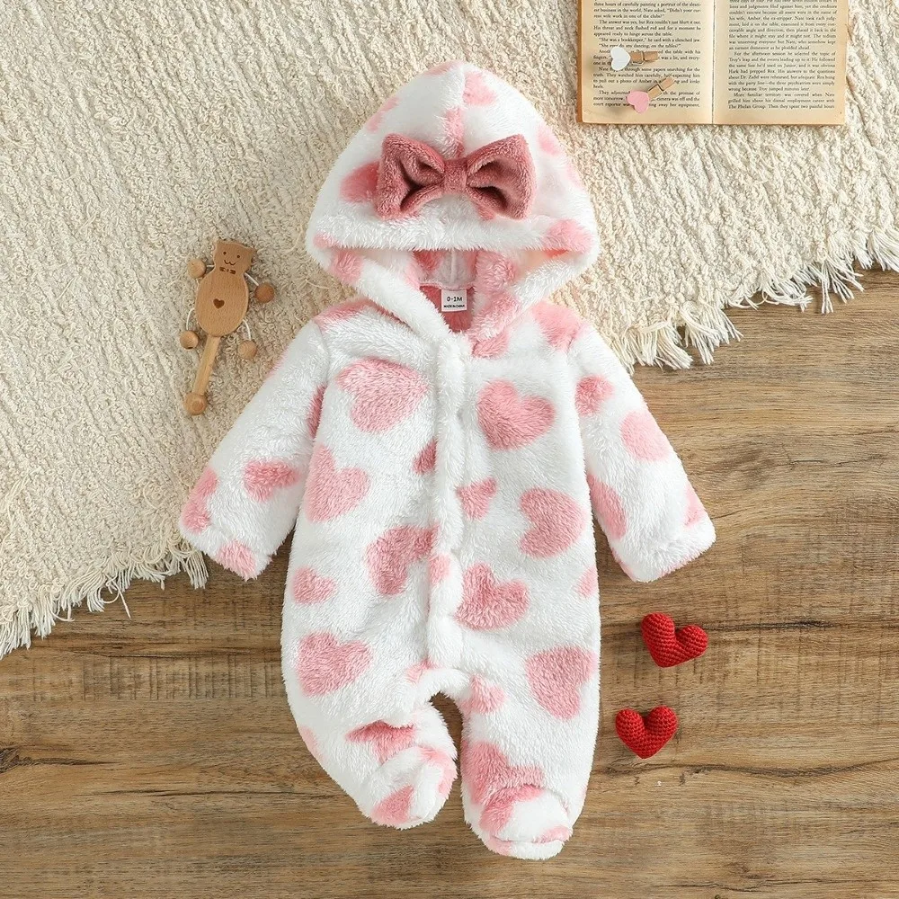 Cute Heart Print Hoodie Romper Warm Fabric Bow Design Newborn Costume Long Sleeve Infant Jumpsuit Daily Wear