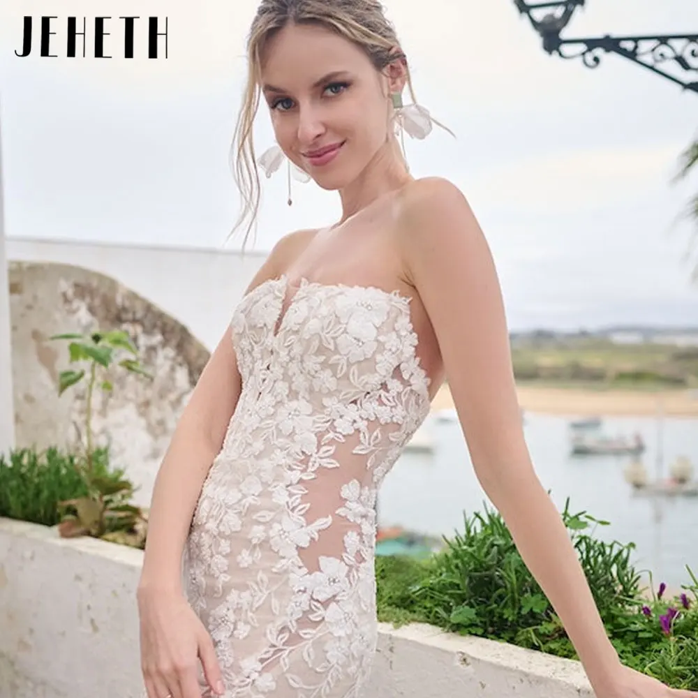 JEHETH Strapless Sereia Apliques Vestidos De Casamento Sem Mangas Backless Vestidos De Noiva Tule Custom Made vestidos para mujer 2024JEHETH Strapless Sereia Apliques Vestidos De Casamento Sem Mangas Backless Vestidos