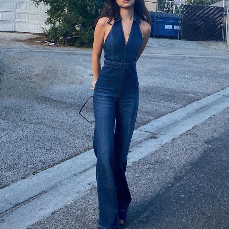 Women Slim Fit High Waist Denim Jumpsuit V-neck Zipper Sleeveless Outfits Fashion Casual Spring Summer Streetwear One-Piece Suit