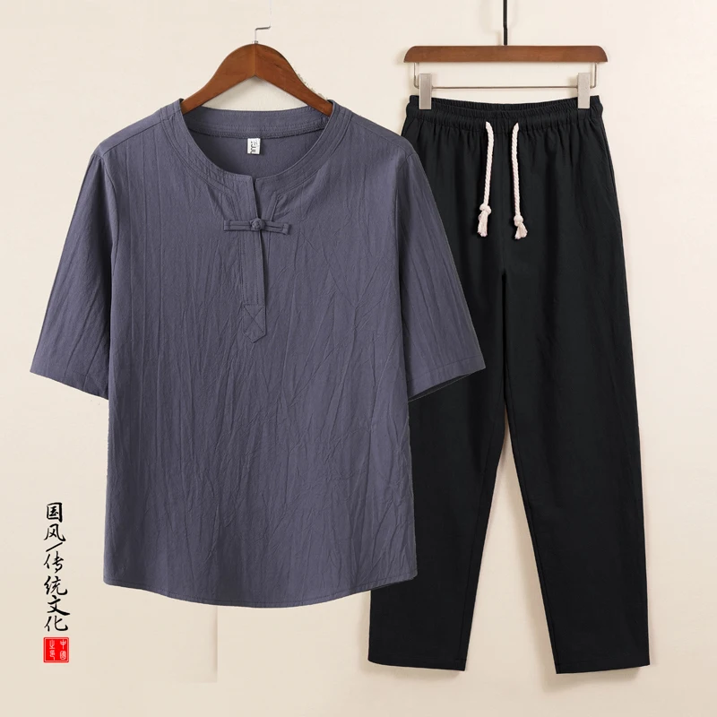 

Two Piece Set Men（Shirts+Pants)Linen Cotton Comfortable Tang Suit Loose Kungfu Trousers New Casual Retro Short-Sleeved Shirt Men