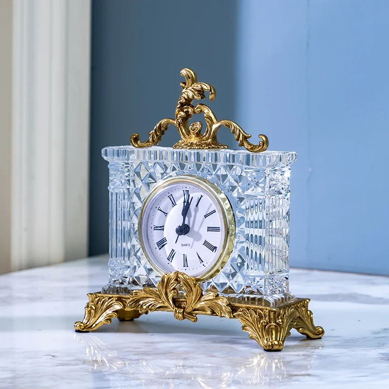 European-style Creative Crystal Small Seat Clock Living Room Home Decor Clock Retro Brass Office Desk Ornaments