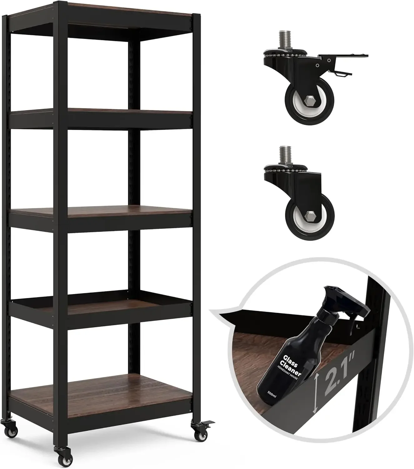 

HOMEDANT House 5-Tier Metal Rolling Cart Shelf Rack Casters Heavy Duty Laminated Wheel Shelving Unit Adjustable Utility Storage