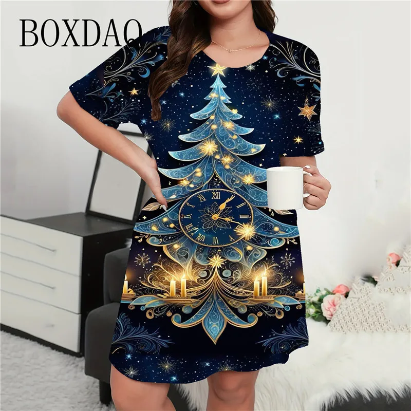 Elegant Cartoon Christmas Tree Print Dress For Women Fashion Short Sleeve Loose A-Line Dress Casual Festival Party Ladies Dress