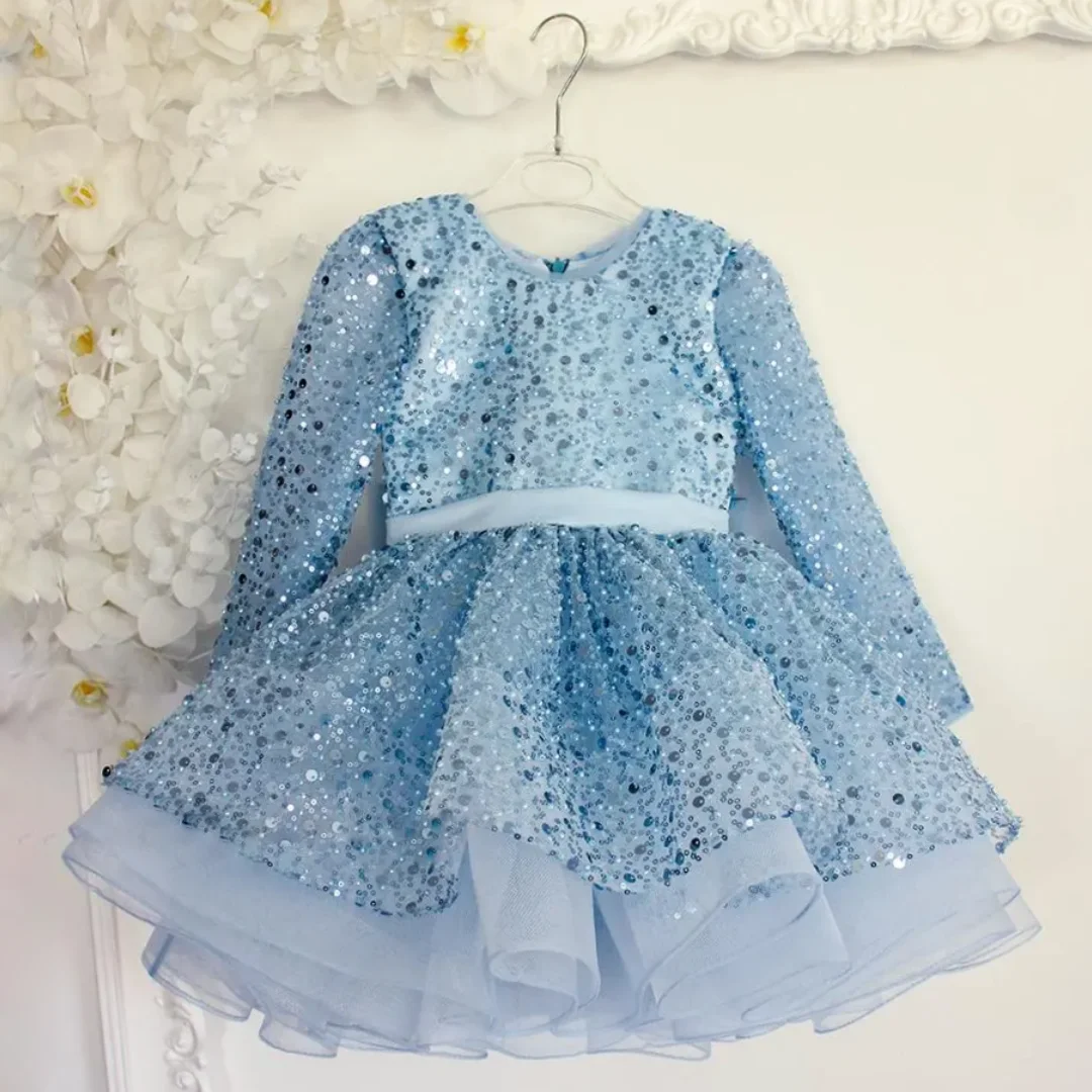 Customized Flower Girl Dress Sky Blue Sequin Tulle With Bow Belt Long Sleeve For Wedding Birthday Party Banquet Evening Gown