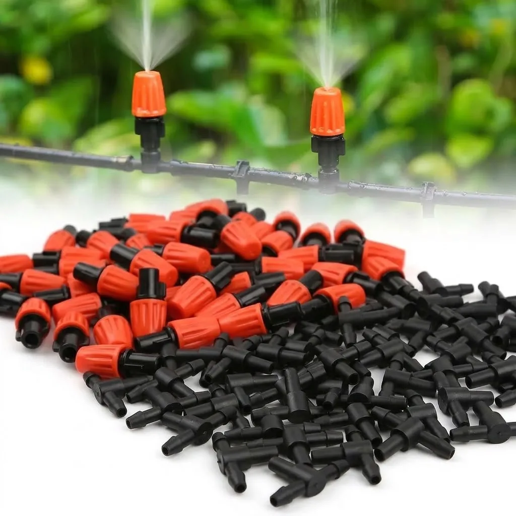 5-10L/H Orange Adjustable Misting Nozzle T-Type Design With 1/4 Inch Tee Connector For 4/7mm Hose Sprayer Watering System Garden