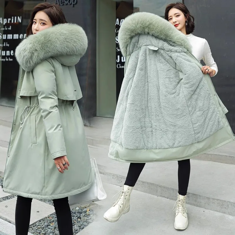 Jaqueta Fena de Aodão Forrada com Lã ssa, Estilo Coreano, Parka de Crimento Médio, Casaco Moderno para o Inverno