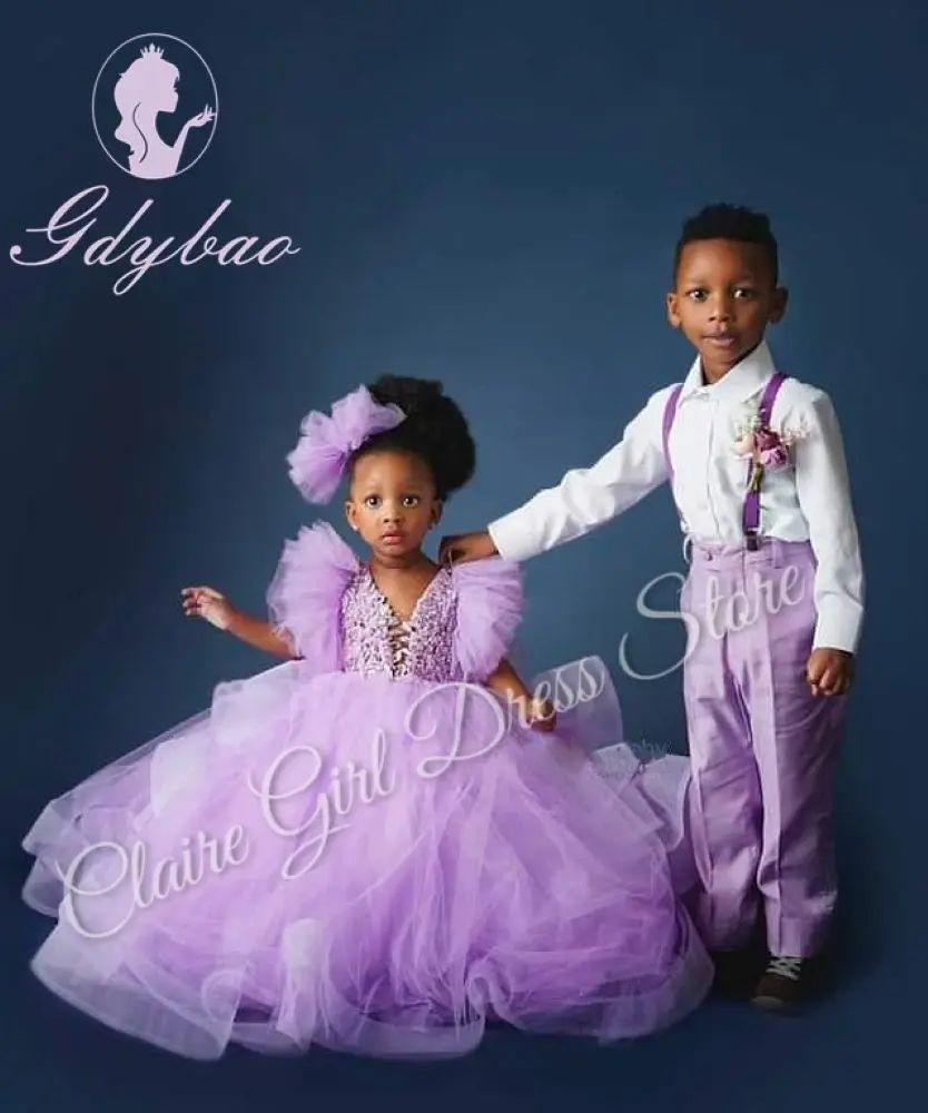 

Customized Purple Flower Girl Dresses For Wedding Layered Appliques Lace Tulle Princess Birthday Party First Communion Gown