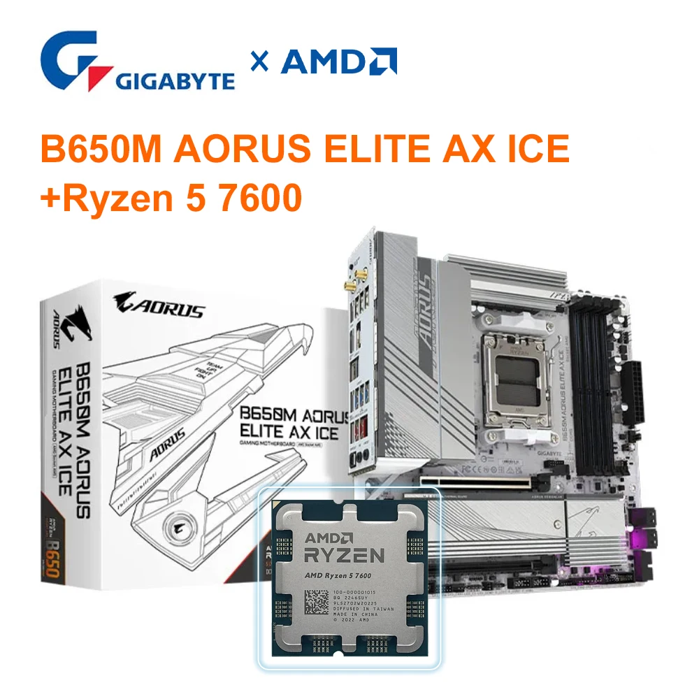 AMD RYZEN 5 7600 + GIGABYTE B650M AORUS ELITE AX ICE Kit AMD B650 Socket AM5 White Micro-ATX Motherboard B650+7600 Set