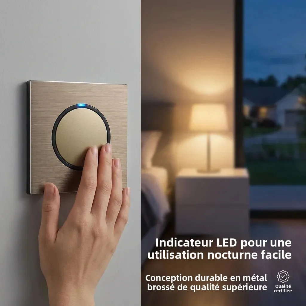 Interrupteur mural en métal brun, bouton lumineux LED rond, interrupteur à 1, 2, 3 ou 4 voies, plaque en aluminium brossé, série L6