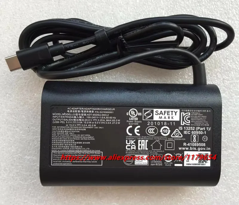 Genuine 65W USB Type C 20V 3.25A AC Adapter Power Charger For LG Gram 17Z90Q 16Z95PD 17Z90P-K.ADC9U1 EAY65895901 EAD62565305