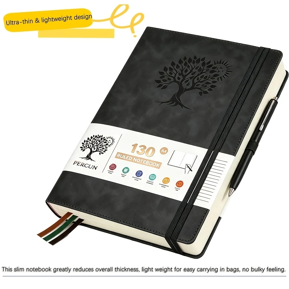 A4 Ruled Hardcover Diary Notebook, Faux PU Leather Cover, 130 Pages Thick Paper Journal with Elastic Band & Bookmark Ribbon, Writing Notepad for Office School Business Men Women