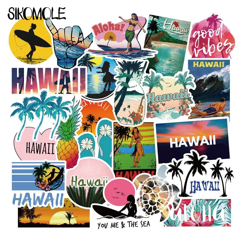 10/30/50PCS Cartoon Outdoor Hawaii Surfing Stickers Summer Tropical Beach Surfing DIY Toys Surfboard Skateboard Decal Sticker F5