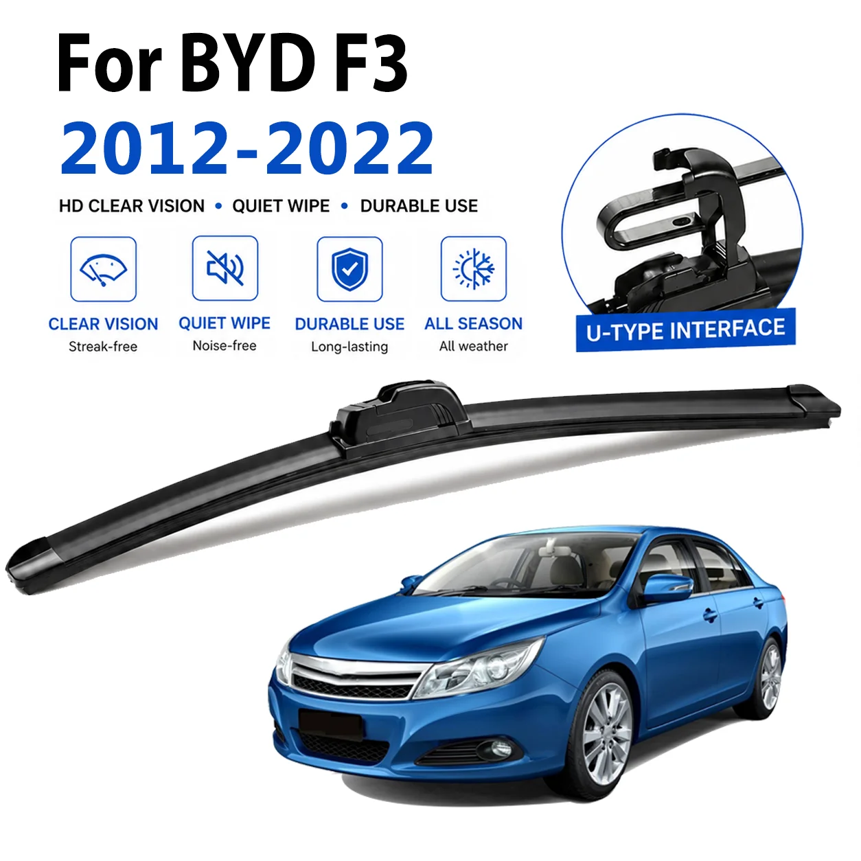 For BYD F3 2012‑2022 2Pcs U‑Hook Front Windshield Wipers, Soft Rubber High‑Definition Quiet Replacement Wiper Blades 22